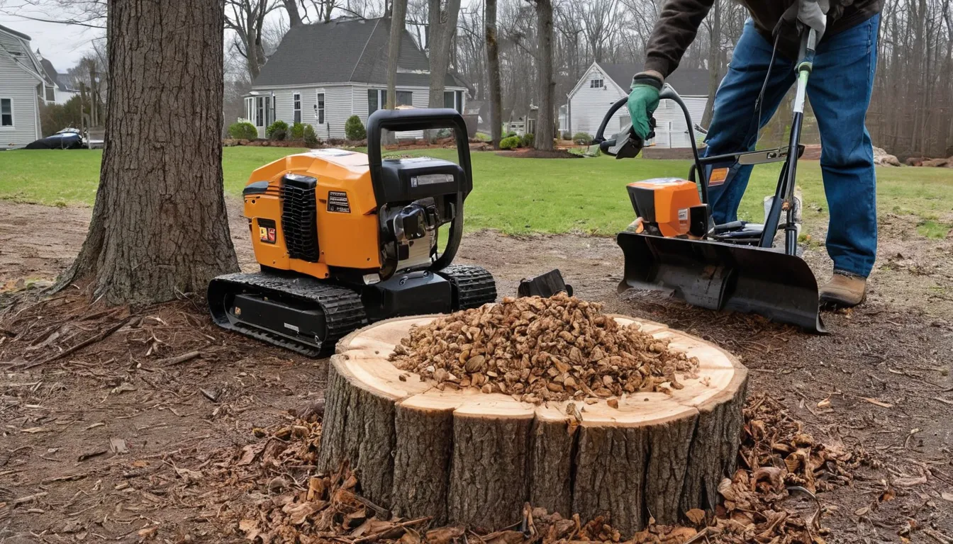 A local provider grinding a stump in a Lansdale backyard with wood chips flying
